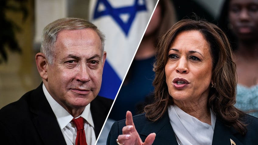 left-right photo split: Benjamin Netanyahu, Kamala Harris