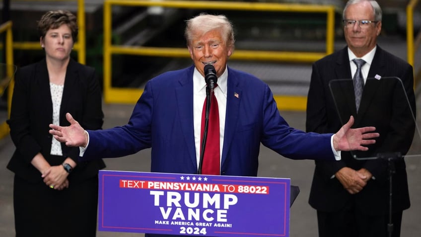 Republican presidential nominee former President Donald Trump speaks at a campaign event at Precision Components Group, Monday, Aug. 19, 2024, in York, Pa. (AP Photo/Matt Slocum)