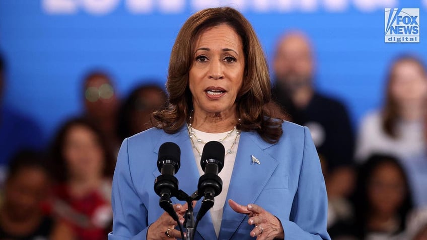 Vice President Kamala Harris in a blue suit stands at the podium