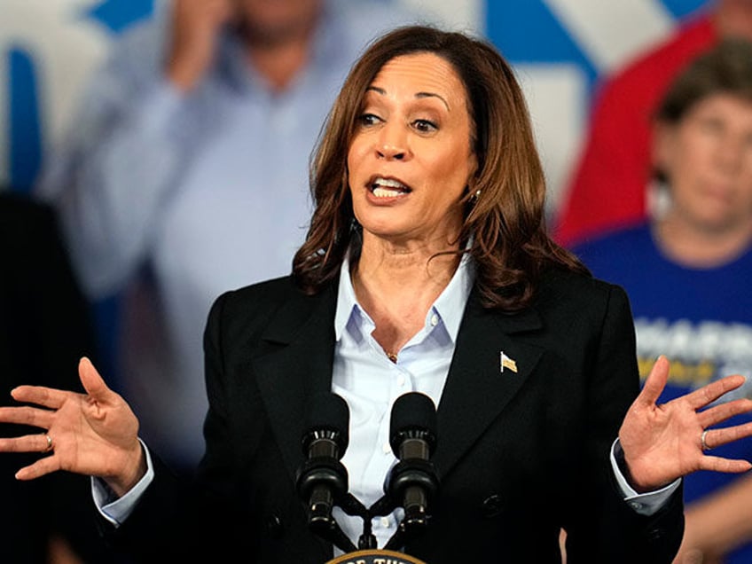 Democratic presidential nominee Vice President Kamala Harris speaks at a campaign event at