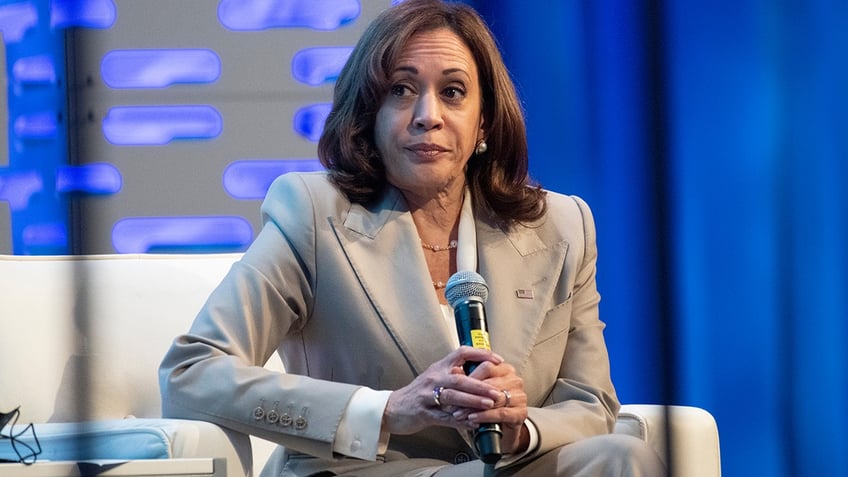 A photo of Kamala Harris sitting with a microphone