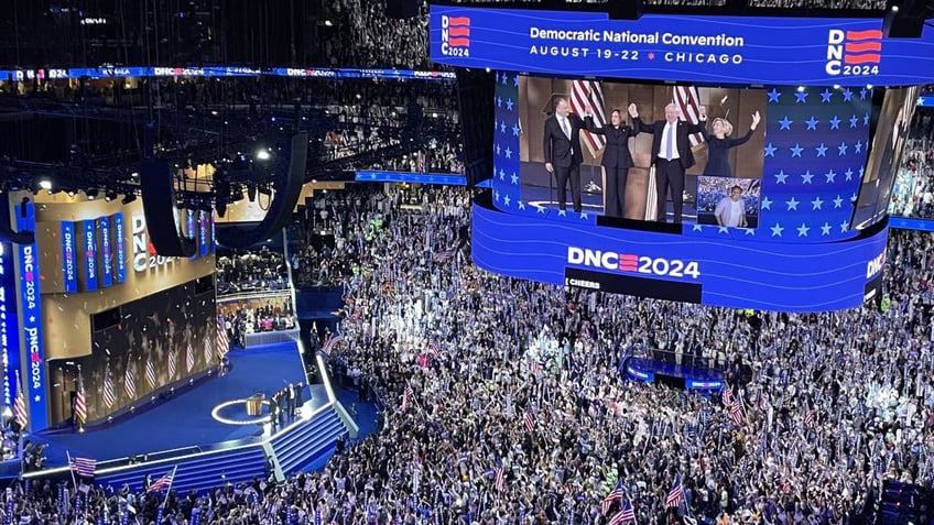 Vice President Kamala Harris, following her nomination acceptance speech at the Democratic National Convention, is joined on stage by her running mate, Minnesota Gov. Tim Walz, and their spouses, Second Gentleman Doug Emhoff and Minnesota First Lady Gwen Walz, in Chicago, Illinois on Aug. 22, 2024.