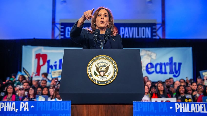 Democratic presidential nominee Vice President Kamala Harris speaks during a campaign rally at The Alan Horwitz "Sixth Man" Center on October 27, 2024 in Philadelphia, Pennsylvania.