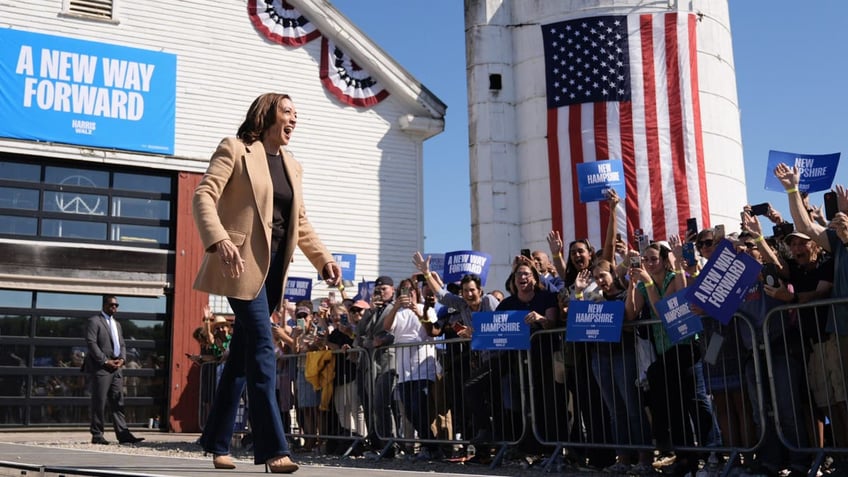 Democratic presidential nominee Vice President Kamala Harris arrives to speak during a campaign stop at the Throwback Brewery, in North Hampton, New Hampshire, on Wednesday, Sept. 4, 2024.