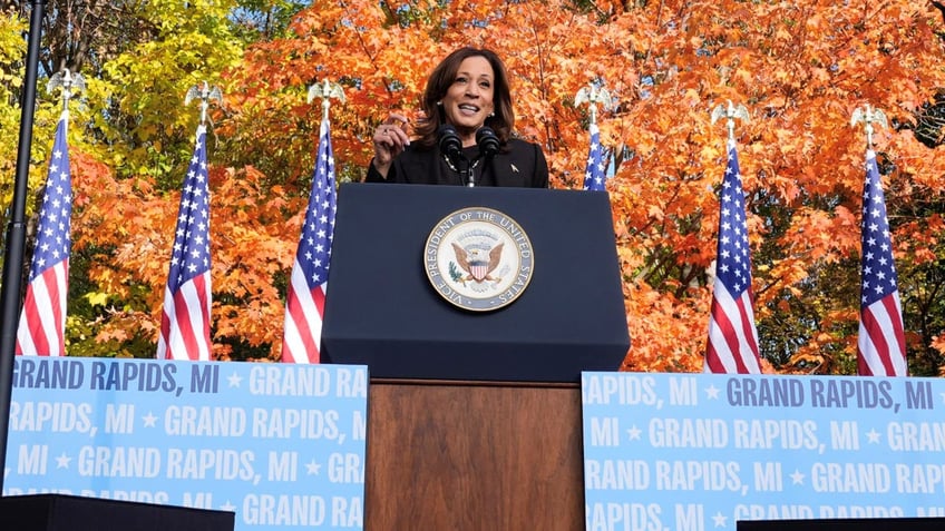 Democratic presidential nominee Vice President Kamala Harris speaks during a campaign event at Riverside Park in Grand Rapids, Michigan, on Friday, Oct. 18, 2024.