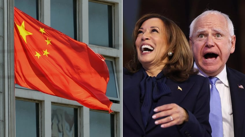 photo split: Chinese flag, left; Walz and Harris at DNC, right