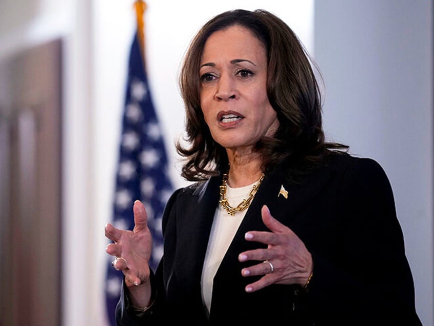 Vice President Kamala Harris speaks in the Eisenhower Executive Office Building on the Whi