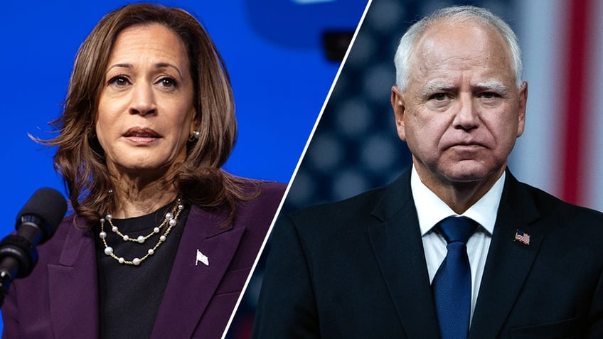 Kamala Harris speaks at a teachers' union event, left, Governor Walz before an American flag, right