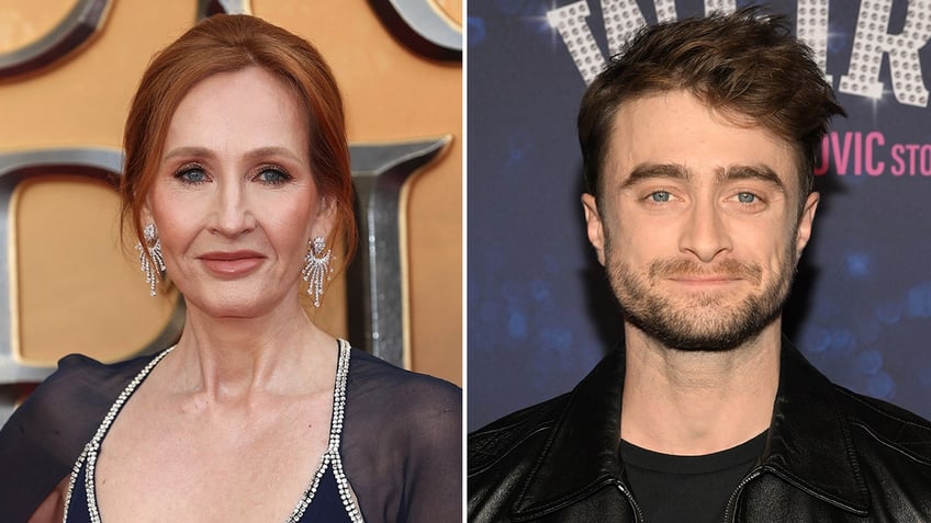 Photo of J.K. Rowling on a red carpet split Daniel Radcliffe on red carpet