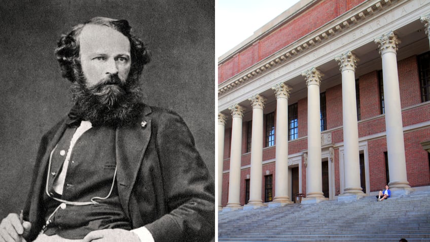 Split image of Arsène Houssaye and Harvard's Widener Library