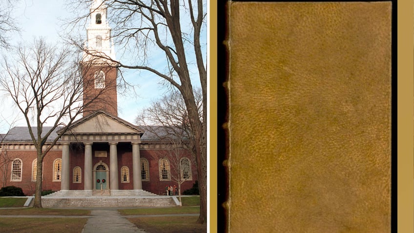 Split image of Harvard building and human skin book