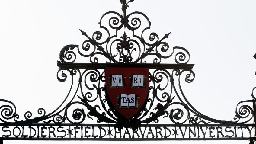 Harvard seal embedded into an iron gate on Harvard University's campus, cloudy day, daytime