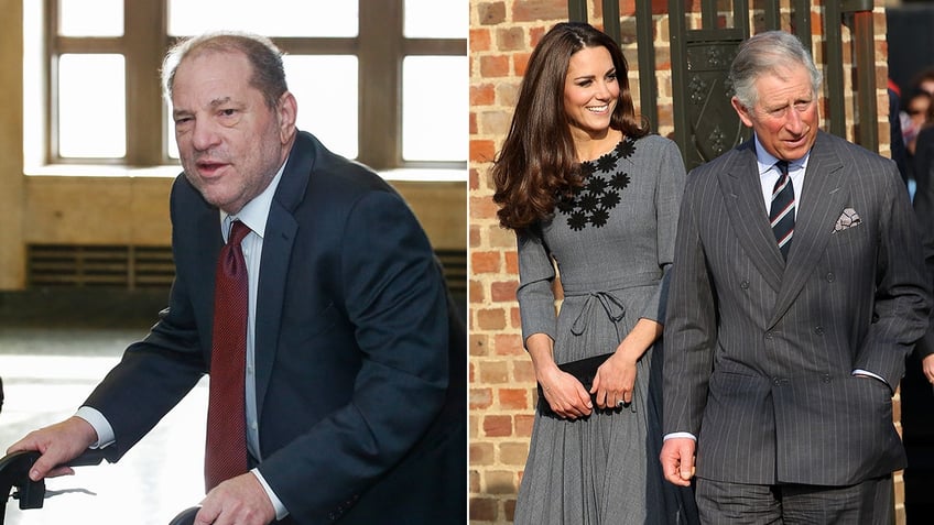 A split image of Harvey Weinstein and Kate Middleton with King Charles