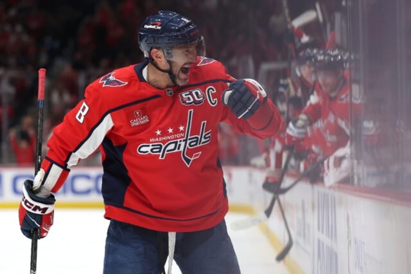 Washington Capitals star Alex Ovechkin celebrates after scoring a goal in an NHL victory o