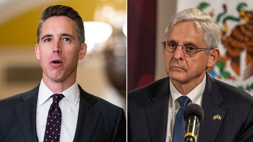 left split: Sen. Josh Hawley; right: AG Merrick Garland