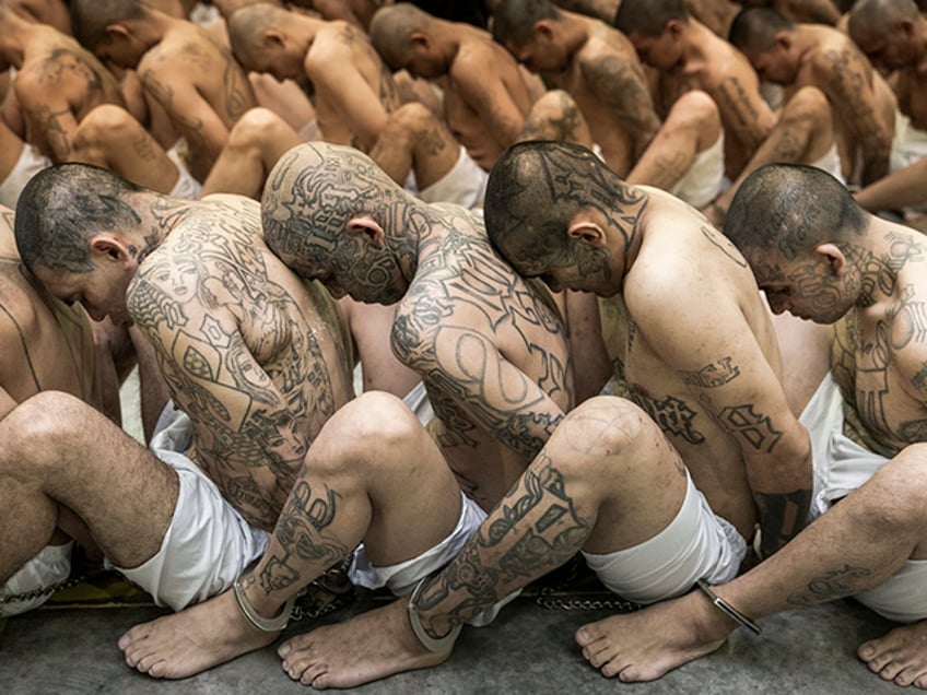 In this photo provided by El Salvador's presidential press office, inmates identified by authorities as gang members are seated on the prison floor of the Terrorism Confinement Center in Tecoluca, El Salvador, Wednesday, March 15, 2023. (El Salvador presidential press office via AP)