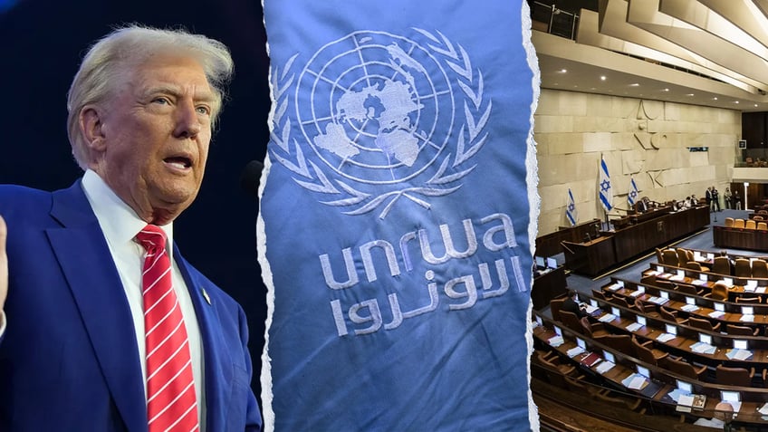 President Donald Trump, UNRWA flag and UN bulding