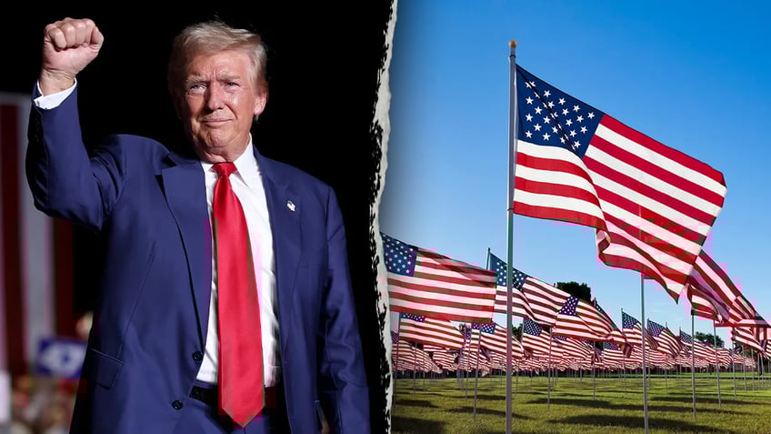 Trump, pumping right arm; US flags in semicircle