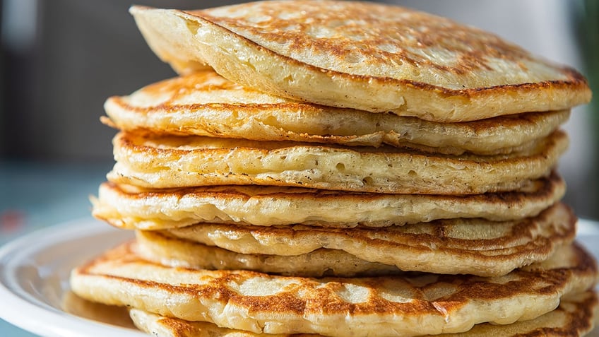 Close up of plain pancakes stacked on top of each other