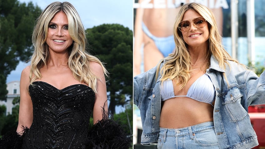 Heidi Klum in a black dress split with her in a blue bikini and jeans.