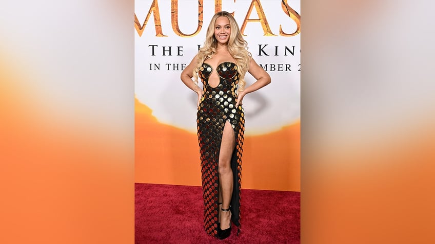 Beyonce wore a shimmering black and gold dress to the premiere of "Mufasa: The Lion King."