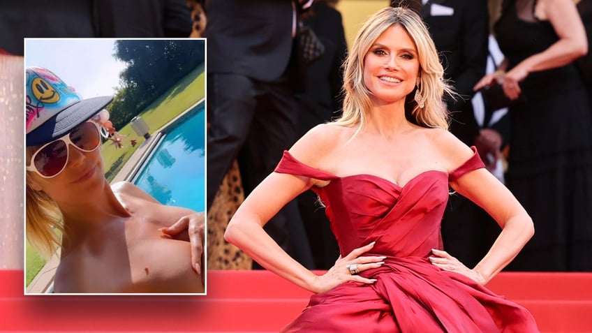 Heidi Klum covers up by the pool, poses on the red carpet wearing ball gown.