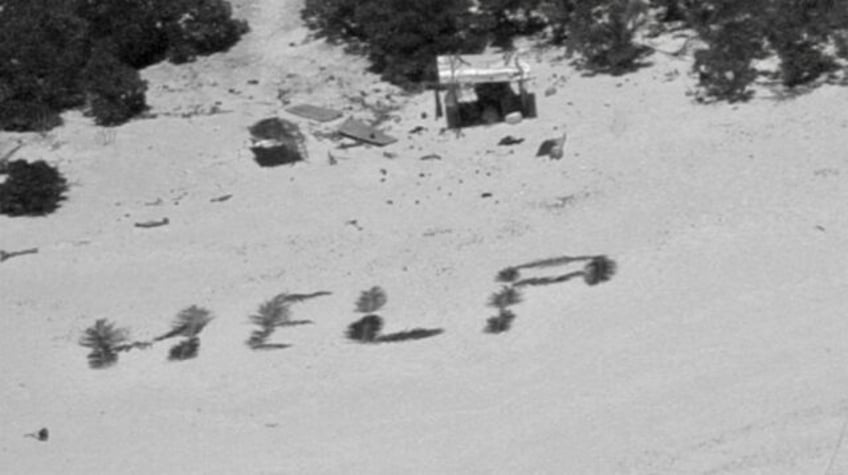 The 'HELP' sign made with palm fronds by three mariners stranded on a remote island in Mic