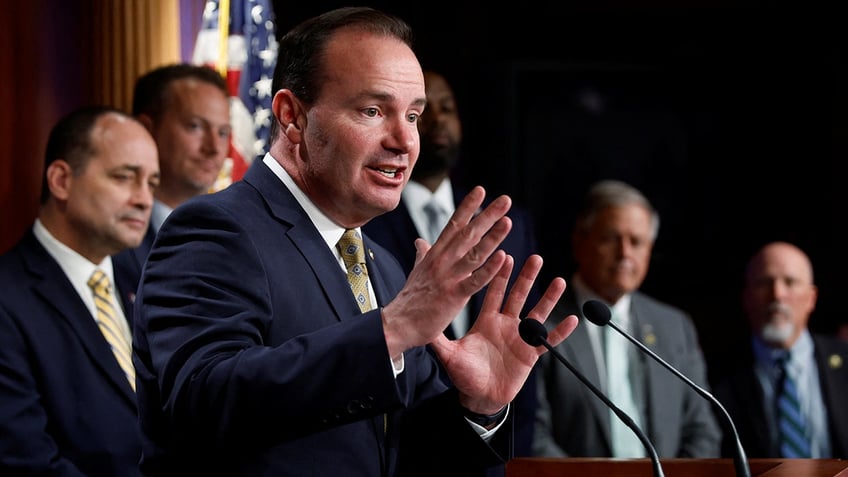 U.S. Senator Mike Lee, R-Utah, joins House Freedom Caucus members for a news conference on the national debt ceiling at the U.S. Capitol in Washington in March 2023.