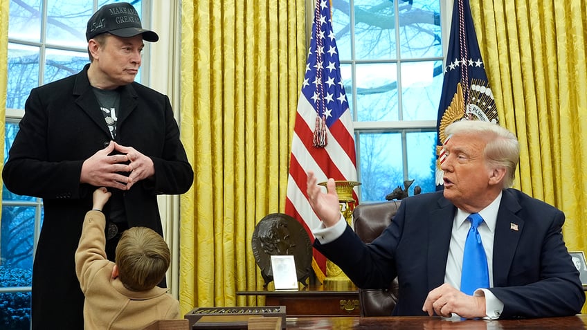 Donald Trump, Elon Musk, and Musk's son X in the Oval Office