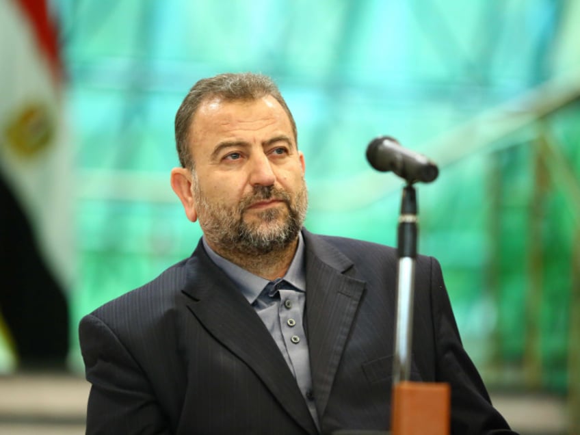 CAIRO, EGYPT - OCTOBER 12 : Deputy Chairman of the Movement's Political Bureau Saleh Al-Arouri makes a speech after signing the reconciliation agreement to build a consensus with Palestinian Fatah movement leader Azzam Al-Ahmad (not seen) in Cairo, Egypt on October 12, 2017. (Photo by Ahmed Gamil/Anadolu Agency/Getty Images)