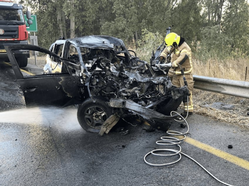 Vehicle struck by Hezbollah rocket (Israel Fire and Rescue Service via Times of Israel)