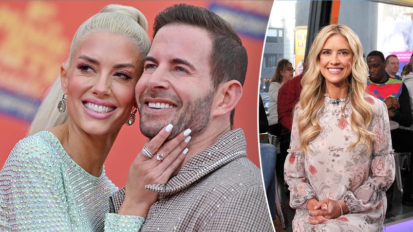 Heather Rae and Tarek El Moussa pose in a photo alongside a shot of Christina Hall