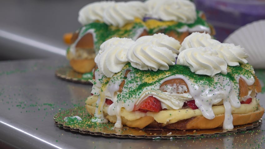 Maurice French Pastries' signature king cakes. The bakery is in Metairie, Louisiana. 