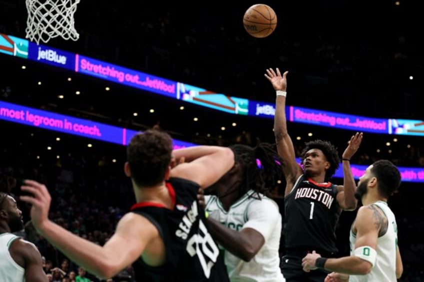 Houston's Amen Thompson takes the game-winning shot in the Rockets' NBA victory over the B