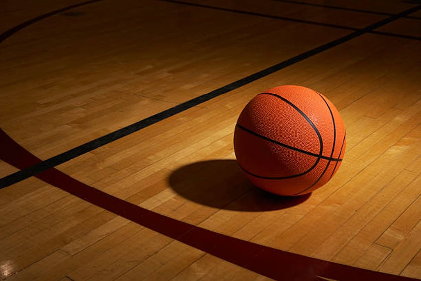 basketball on basketball court, elevated view - basketball stock pictures, royalty-free photos & images