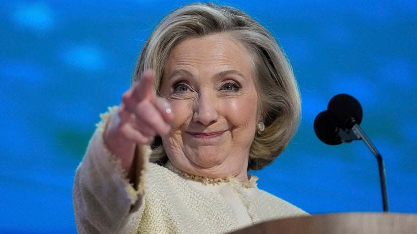 Hillary Rodham Clinton closeup shot, pointing during DNC speech