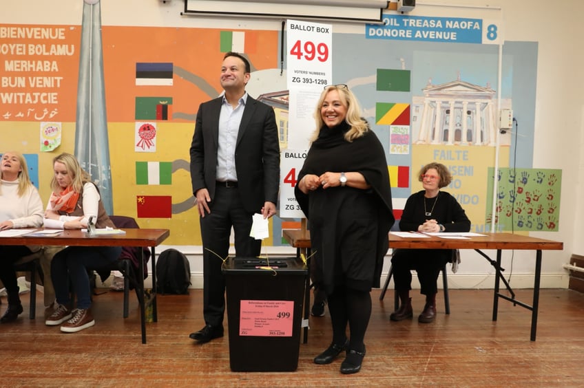 Taoiseach Leo Varadkar and Fine Gael senator Mary Seery Kearney, at the polling located in Scoil Treasa Naofa, on Donore Avenue, Dublin, as Ireland holds referenda on the proposed changes to the wording of the Constitution relating to the areas of family and care. The family amendment proposes extending the meaning of family beyond one defined by marriage and to include those based on "durable" relationships. The care amendment proposes deleting references to a woman's roles and duties in the home, and replacing it with a new article that acknowledges family carers. Picture date: Friday March 8, 2024. (Photo by Gareth Chaney/PA Images via Getty Images)Taoiseach Leo Varadkar and Fine Gael senator Mary Seery Kearney, at the polling located in Scoil Treasa Naofa, on Donore Avenue, Dublin, as Ireland holds referenda on the proposed changes to the wording of the Constitution relating to the areas of family and care. The family amendment proposes extending the meaning of family beyond one defined by marriage and to include those based on "durable" relationships. The care amendment proposes deleting references to a woman's roles and duties in the home, and replacing it with a new article that acknowledges family carers. Picture date: Friday March 8, 2024. (Photo by Gareth Chaney/PA Images via Getty Images)
