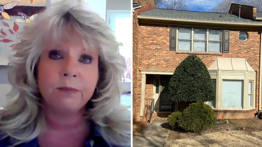 Karyn Gibbons next to photo of her former condo in Georgia