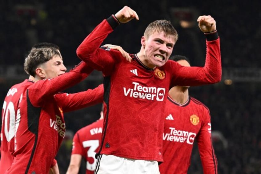 Manchester United striker Rasmus Hojlund celebrates after scoring against Aston Villa