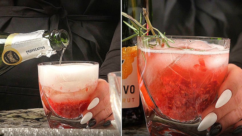 Briana DiTommaso's holiday spritzer is made with sparkling wine (left) and uses a sprig of rosemary (right) as garnish.