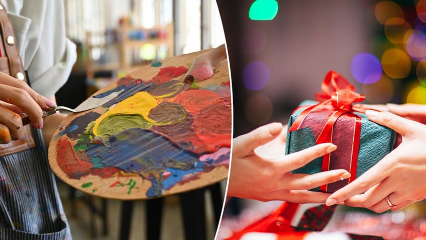 Split photo of an artist holding paint and two people exchanging gifts