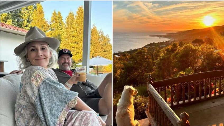 A split of Ricki Lake at her home and home's ocean view