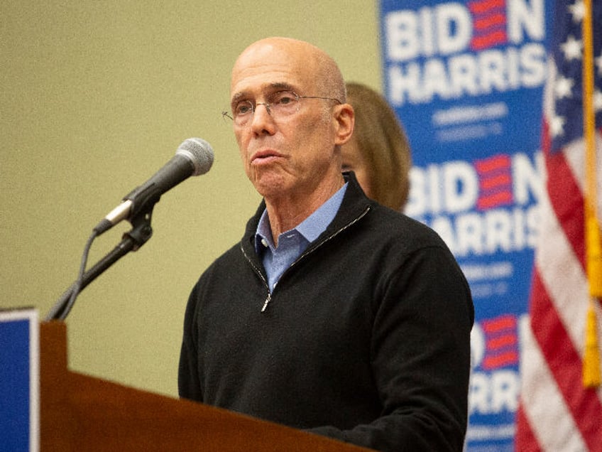 Jeffrey Katzenberg, founder and managing partner of WndrCo LLC, during a news conference hosted by Biden-Harris 2024 National Advisory Board members in Des Moines, Iowa, US, on Monday, Jan. 15, 2024. President Joe Biden's campaign raised $97 million in the fourth quarter, a massive sum that is likely to dwarf …