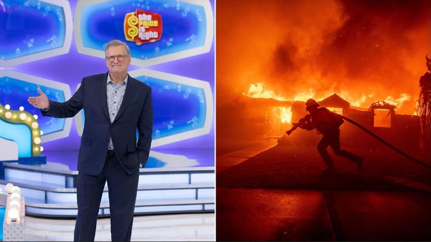 The Price is Right host Drew Carey and a photo of a firefighter battling the Palisades fire