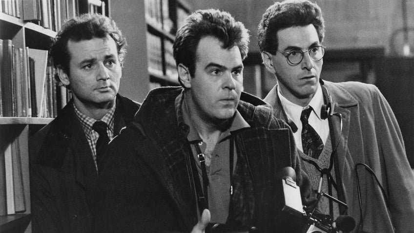 Bill Murray, Dan Aykroyd and Harold Ramis during a scene in 'Ghostbusters,' in a black and white photo