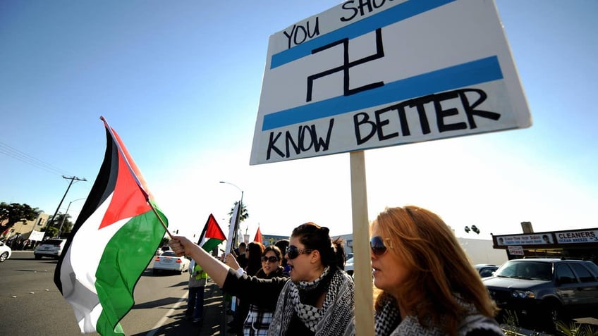 Protesters shout anti-Israeli slogans during a demonstration in Anaheim, Calif., on Jan. 4, 2009.