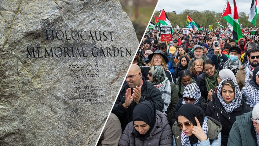 Holocaust memorial beside a pro-Palestinian rally