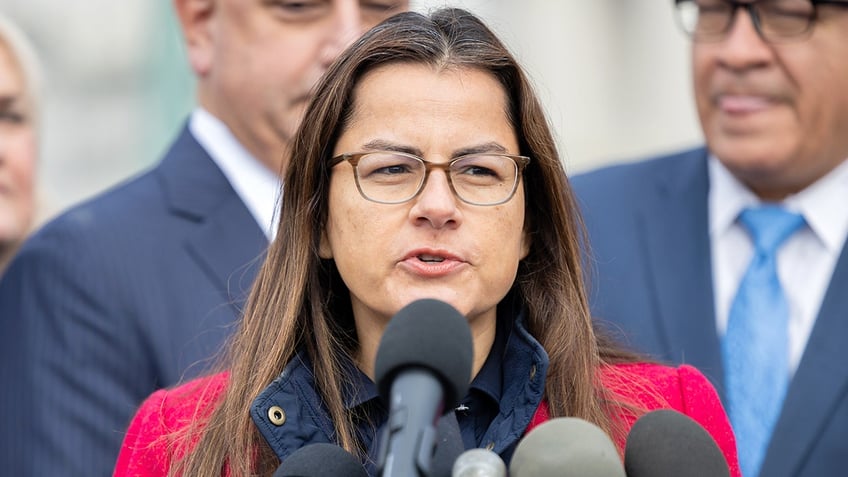 Congressional Hispanic Caucus Chairwoman Nanette Barragán, D-Calif., speaks during a press conference introducing new members of the caucus in Washington, D.C., on Nov. 15, 2024.