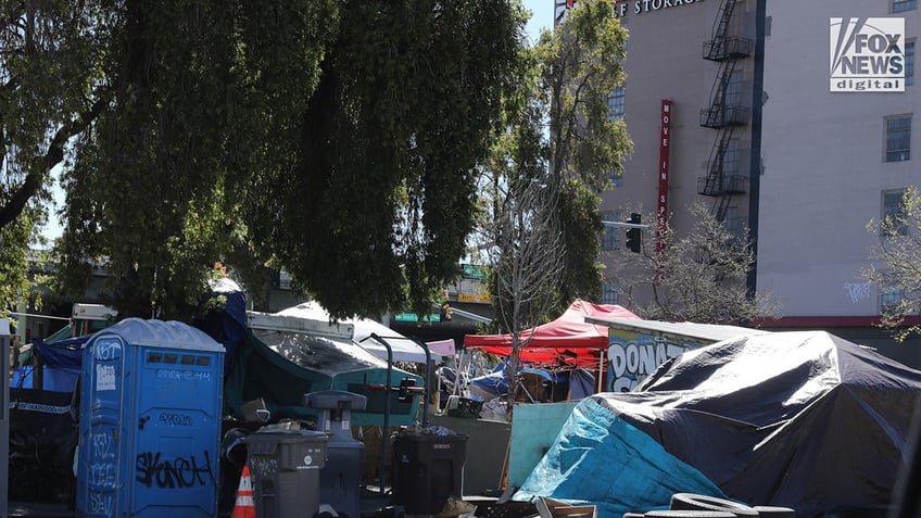 Homeless encampments line the streets in Oakland, California