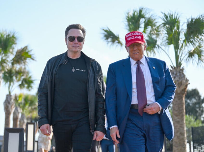 BROWNSVILLE, TEXAS - NOVEMBER 19: U.S. President-elect Donald Trump greets Elon Musk as he